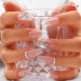 Sethexy French Nude Rhinestone Press on Nails Crystal Long Coffin Handmade False Nails White Tip Shiny False Nails Salon Quality for Women and Girls (X)