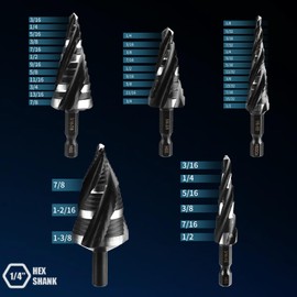 TVWVT Step Drill Bit Set, 5PCS Four Spiral Flute Step Bits for Metal, 50 Sizes Titanium-Coated HSS Drill Bits with 1/4" Hex Shank for Stainless Steel Aluminum Wood Plastic