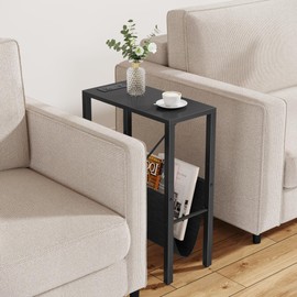Vagusicc Narrow Side Table with Charging Station, Small End Table with Storage Pouch for Small Spaces, Slim Nightstand with USB Ports & Outlet, Thin Sofa Table Bedside Table for Living Room, Bedroom
