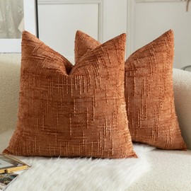 Mandioo Pack of 2 Solid Decorative Soft Chenille Burnt Brick Cushion Covers 55x55cm 22x22 Inch Lumbar Accent Solid Throw Pillow Case Soft Cozy Luxury Pillow Covers for Sofa Couch Bedroom