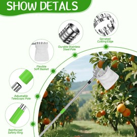 6.6 FT Fruit Picker Tool with Stainless Steel Pole & Soft Cloth Basket – Lightweight Tree Fruit Harvester for Apple, Mango, Orange, Pear, Lemon, Plum & More – Rust-Resistant, Easy Assembly