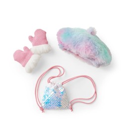 American Girl 2022 Girl of The Year Gwynn’s Accessories with a Multicolored Beret, a Pair of Pink Knit Mittens, and Sequined Backpack