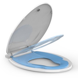Elongated Toilet Seats with Toddler Seat Built In, Potty Training Toilet Seat Elongated Fits Both Adult and Child，with Slow Close and Magnets,Safe PP Material Easy Clean,White and Blue