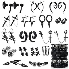 gisgfim 22 Pcs Punk Goth Grunge Jewelry Set for Men Women Leather Bracelets Stainless Steel Y2K Black Piercing Dangle Earrings Bulk Vintage Cool Emo Jewelry Sets Party Costume Accessories Gifts