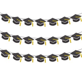 3 Strings Large Graduation Cap Banner Garland Decorations, Pre-Strung Black Glitter Hanging Banners with 7 Inch Caps, 8.2ft Each, for Class of 2025 High School College Kindergarten Grad Party Supplies