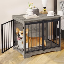 Hzuaneri 31.9" Dog Crate Furniture with Barn Door, Heavy Duty Dog Kennel Indoor with 2 Doors, Wooden Pet Cage End Table for Small Medium Dogs up to 44 lb, Anti-Chew Anti-Escape, Greige DFC83605B