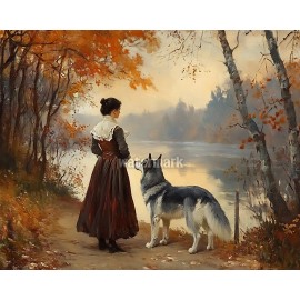 Victorian scene with a Siberian Husky oil Painting 8x10 Print
