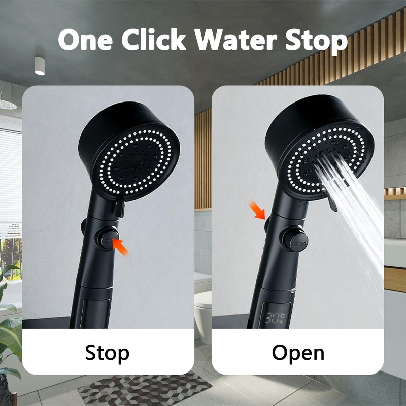 Shower Head, Water-Saving with Temperature Display, with Shower Holder and