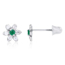 Sterling Silver Rhodium 1.50mm Emerald & 1mm Created White Sapphire Flower Screwback Earring