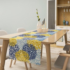 Camino de mesa de flores de Dalia y color azul amarillo, decoración de mesa geométrica moderna para decoración de fiesta en el hogar, 13 x 70 pulgadas