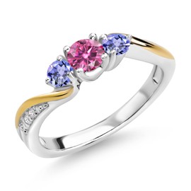 Gem Stone King 925 Silver and 10K Yellow Gold Pink Moissanite Blue Tanzanite and Lab Grown Diamond 3 Stone Engagement Ring For Women (0.56 Cttw, Gemstone Birthstone, Available In Size 5, 6, 7, 8, 9)