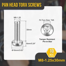 DTGN M8x30mm Pan Head Torx Security Screw - 10Pack - Good for Machinery - 304 Stainless Steel Tamper Proof Torx Security Fasteners - Silver Tone