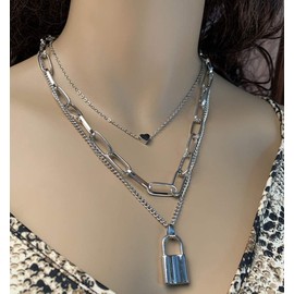 Tanyoyo Lock Key Pendant Necklace Statement Long Chain Punk Multilayer Choker Necklace for Women Men, Metal