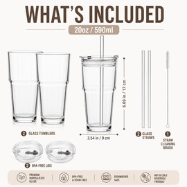 Ayemol 20oz Glass Tumbler with Lid and Straws, Reusable Ice Coffee Cups, to Go Drinking Glasses for Water, Smoothie, Matcha, Iced Tea Fruit Juice, Hot and Cold Beverages, Clear, Set of 2