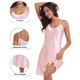 Lovasy Satin Nightdress Women's Short Sexy Spaghetti Straps Negligee Babydoll Sleeveless Chemise Pyjamas Summer Night Dress, pink