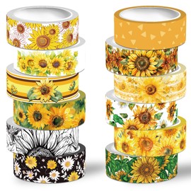 NIKOMIE Sunflower Washi Tape Set,12 Rolls Floral Decorative Tape Yellow Summer Sun Flowers Masking Tape for Journaling Supplies, Junk Journal, Scrapbooking, DIY Arts & Crafts, Planner,Gift Wrapping