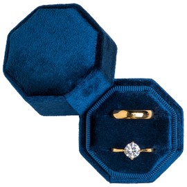 POKOFO Premium Velvet Ring Bearer Box for Proposal Engagement Wedding Ceremony - Equilateral Octagon Vintage Double Ring Display Holder with Detachable Lid (Dark Blue)
