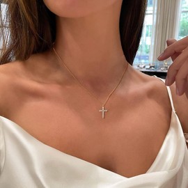 Fesciory Cross Necklace for Women, 14K Gold Plated Cross Pendant Dainty Layered Chain Necklace Jewelry Gifts (Rhinestone Cross(Gold))
