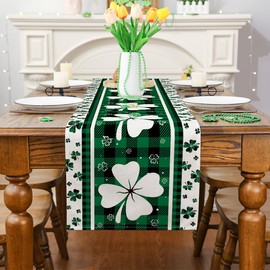 Siilues St Patricks Day Table Runner, Buffalo Plaid Lucky Shamrock St Patricks Day Decoraions Green Seasonal Spring Holiday Table Decorations for Indoor Outdoor Dining Table Decor (13'' x 90'')