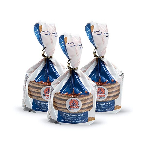 3Bros Caramel Stroopwafel - 24 (3 bags of 8) Wafer Cookie - Made Fresh in the USA