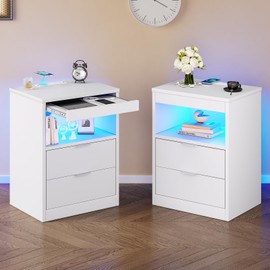 Tiptiper White Nightstand Set of 2, LED Nightstand with Wireless Charging Station, Night Stand with Drawers & Pull-Out Shelf, Modern Bedside Table with Storage, End Table Side Table