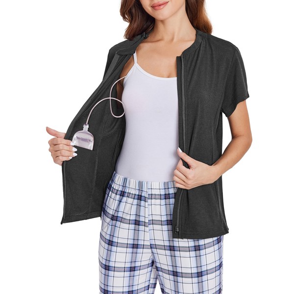 Deyeek Mastectomy Shirts with Drain Pockets Zip up Chemo Port