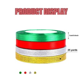 4 Rolls Christmas Satin Ribbon Set,Red, Green, Gold,Silver Ribbon Satin,Ribbons 1cm x 22 M for Christmas, Easter, Wrapping, Gift, Craft,Valentine Ribbon,DIY Crafts