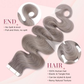 SEGOHAIR Wavy Tape In Hair Extensions Real Human Hair with Double-Sided Adhesive Professional Hair Extensions for Women 20pcs Body Wave 20 Inches Grey