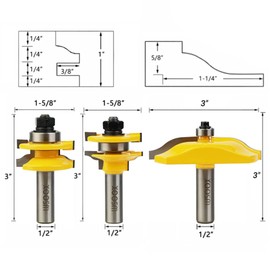 WSOOX 1/2 Inch Shank Router Bit Set, Round Over Raised Panel Cabinet Door Ogee Rail and Stile Router Bits, Woodworking Wood Cutter, Groove Tongue Milling Tool for Woodworking