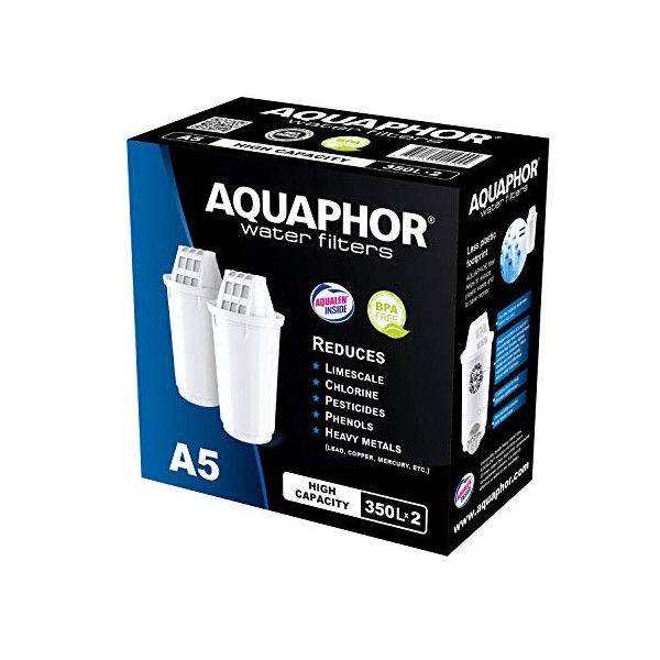 AQUAPHOR Replacement Water cartridges, fits All A5 jugs, 2 Pack, Each Filter Lasts up to 350 litres, Plastic, White