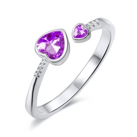 Silver Birthstone Heart Rings Women: 925 Sterling Silver Adjustable Ring Double Heart Gemstone Minimalist Hypoallergenic Elegant Jewelry Party Prom Birthday Gifts for Women Girls (Silver)