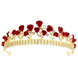 EYEOO Rose Crown for Women Girls Red Rose Princess Crown Tiaras Gold Glittering Rhinestone Pearl Queen Crown Headband Crystal Bride Headdress Floral Jewelry Headpiece Decoration for Wedding Birthday