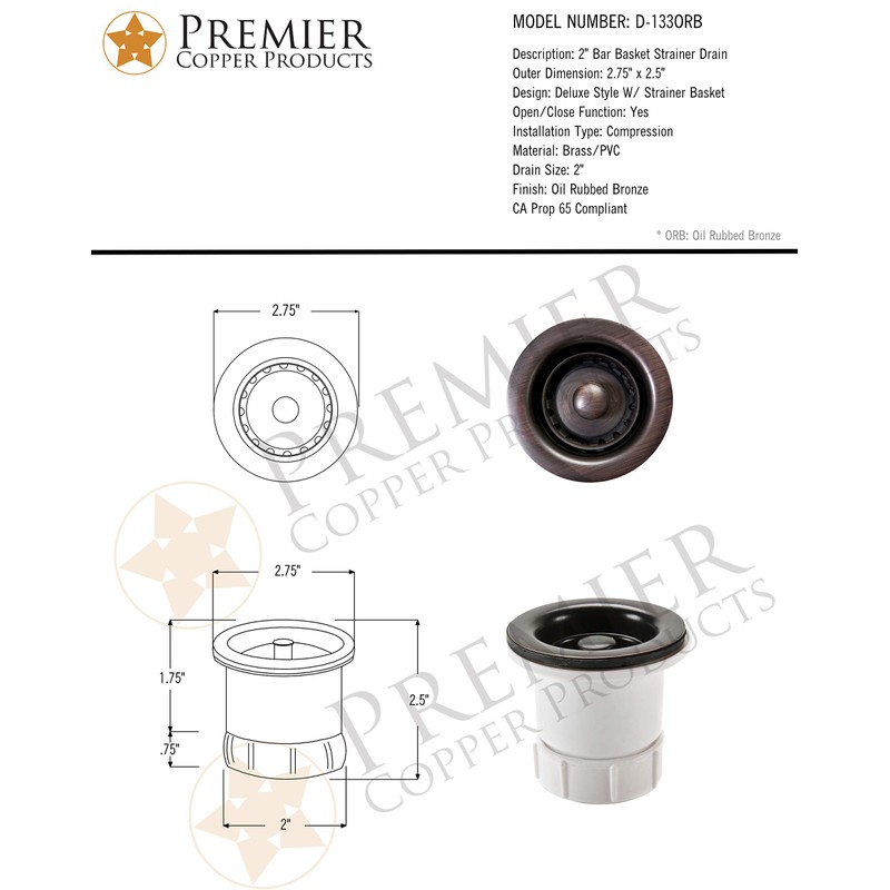 Premier Copper Products D-133ORB 2-Inch Bar Basket Strainer Drain, Oil