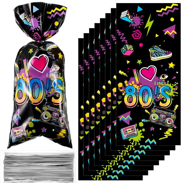 100 Pieces 1980s Party Favors 80s Candy Bags Pack 80s Gift Treat Bag Goodie Candy with 100 Ties Back to The I Love Retro Themed 80s Party Decorations Supplies for Hip Hop Throwback Birthday