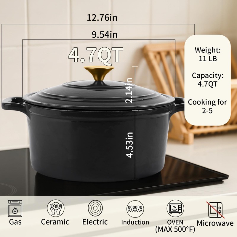 Tastedeli Enamel Cast Iron Dutch Oven with Lid, Round Casserole