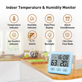 Wisebee Digital Thermometer, Hygrometer, lndoor Temperature and Humidity Meter for House, Baby Room, Living Room, Magnetic, Backlight, Time Display and Alram Clock, Battery Included (Blue)