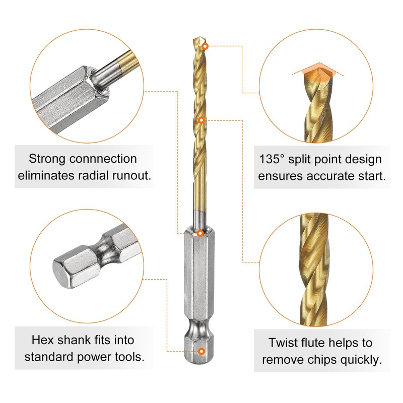 sourcing map 10pcs 1/4" Hex Shank Drill Bit 1/8" Gold