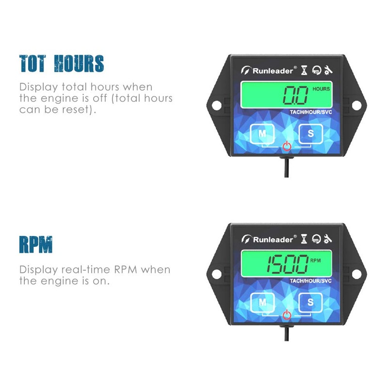 Engine Hour Meter Backlight Inductive Tachometer Digital Tacho Hour Meters