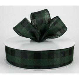 1.5" wired ribbon buffalo check plaid dark emerald green black Lt weight 5 yds