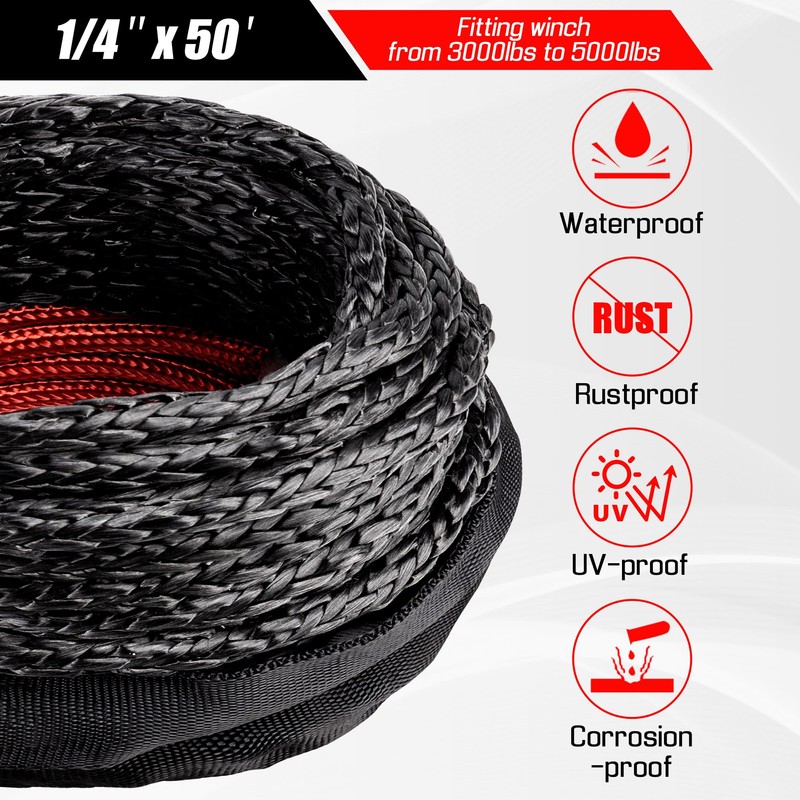 1/4" x 50ft Synthetic Winch Rope Kit with Protective Sleeve+Winch