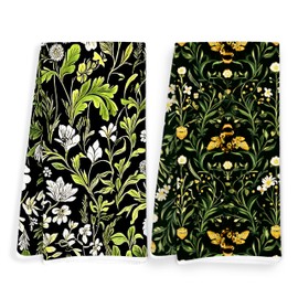 FITIE Vintage Moody Floral Bee Kitchen Towels, Dark Cottagecore Botanical Dish Tea Towels for Kitchen Decor, Dark Academia Green Plant Bee Hand Towels for Bathroom Decor, 16x24 Inch Set of 2