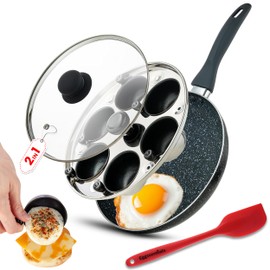 Eggssentials 2 IN 1 Egg Poacher Pan & Large Frying Pan - Poached Egg Maker, Granite Egg Poacher with 6 Cups - Egg Pan - 10 Inch Frying Pan Nonstick Omelette Pan