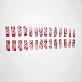 FIEONCIY Press on Nails Coffin Long Length Acrylic Glossy Full Cover Square Shaped French False Nails with Designs Artificial Extra Long Fake Nails with Charms Glue ons Fingernails for Women(C006)