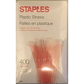 Staples Plastic Flexible Straws, Individually Wrapped, 7.6 Inches, 400/box, Clear with Red Stripes