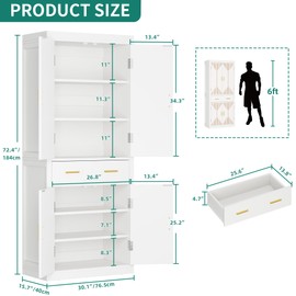 YITAHOME Kitchen Pantry Storage Cabinet, 72.4" Tall Freestanding Modern Cupboard with Drawer ＆ Door & Adjustable Shelves, Carved Design Cabinets for Home Dining Living Room, White