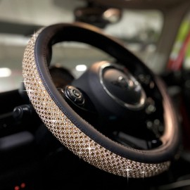 PINCTROT Bling Bling Comfy Steering Wheel Cover with Jumbo Crystal Rhinestones, Anti-Slip Diamond Leather Car Steer Cover (Gold)