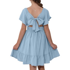 blibean Girls Summer Tie Back Dress Tween Kids Formal Boho Off Shoulder Formal Dresses Ruffle Beach Short Tulle Outfit Vestidos Niñas Size 8-9 Years Old Light Blue