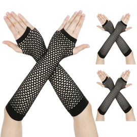 LIQWEI 3 Pairs Fingerless Mesh Fishnet Gloves, Black Fishnet Arm Sleeves Lace Gloves, Long Arm Fishnets Scene Clothes for Party Cosplay Costume Accessories