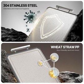 LOZOVIN 16"*11" Double Sided Stainless Steel/Wheat Straw Cutting Board, Separate Surfaces for Meat & Veggies,Non Toxic Chopping Board for Kitchen,Dishwasher Safe, Scratch Resistant Mesh Design,Grey