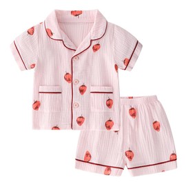 Kisbini Children's Pajamas, Boys and Girls, Short Sleeves, Top & Bottom Set, 2-Piece, Loungewear, Everyday Wear, Gauze, Cotton, Girls, Cute, Summer, Roomwear, Front Opening, Nightwear, 80, 90, 100